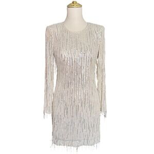 Eliza J Silver Sequin Fringe Long Sleeve Mini Dress Champagne Womens 6P Petite